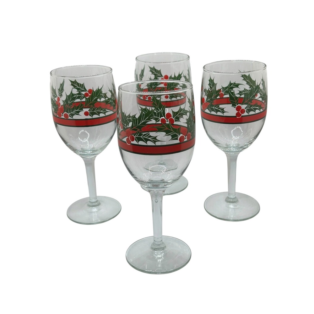 Vintage Libbey Christmas Holly and Berries Wine Glasses Goblets 7" - Set of 4